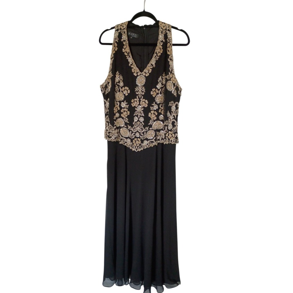 J Kara New York Black Beaded Sequin Chiffon Evening Gown Dress Womens 16